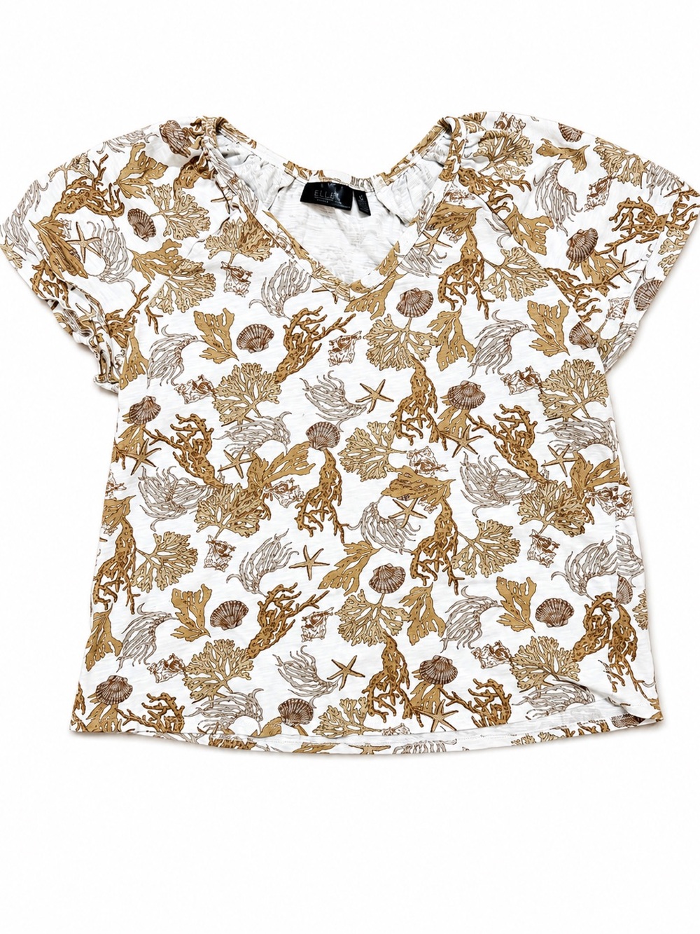Rafaella White Coastal print V-Neck Tee with Tan Sea Motif